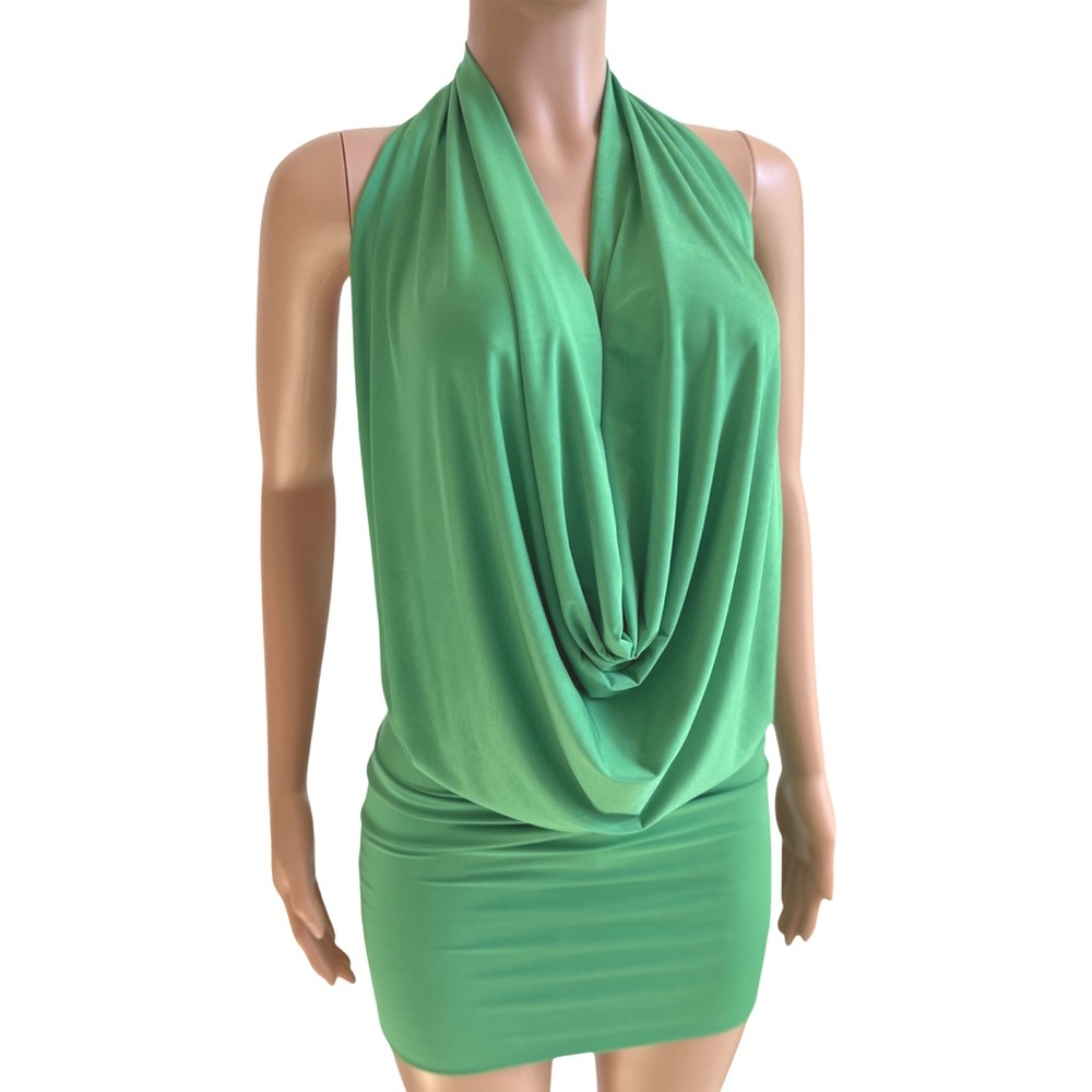 Green Backless Drape Halter Mini Dress Sexy Made in USA